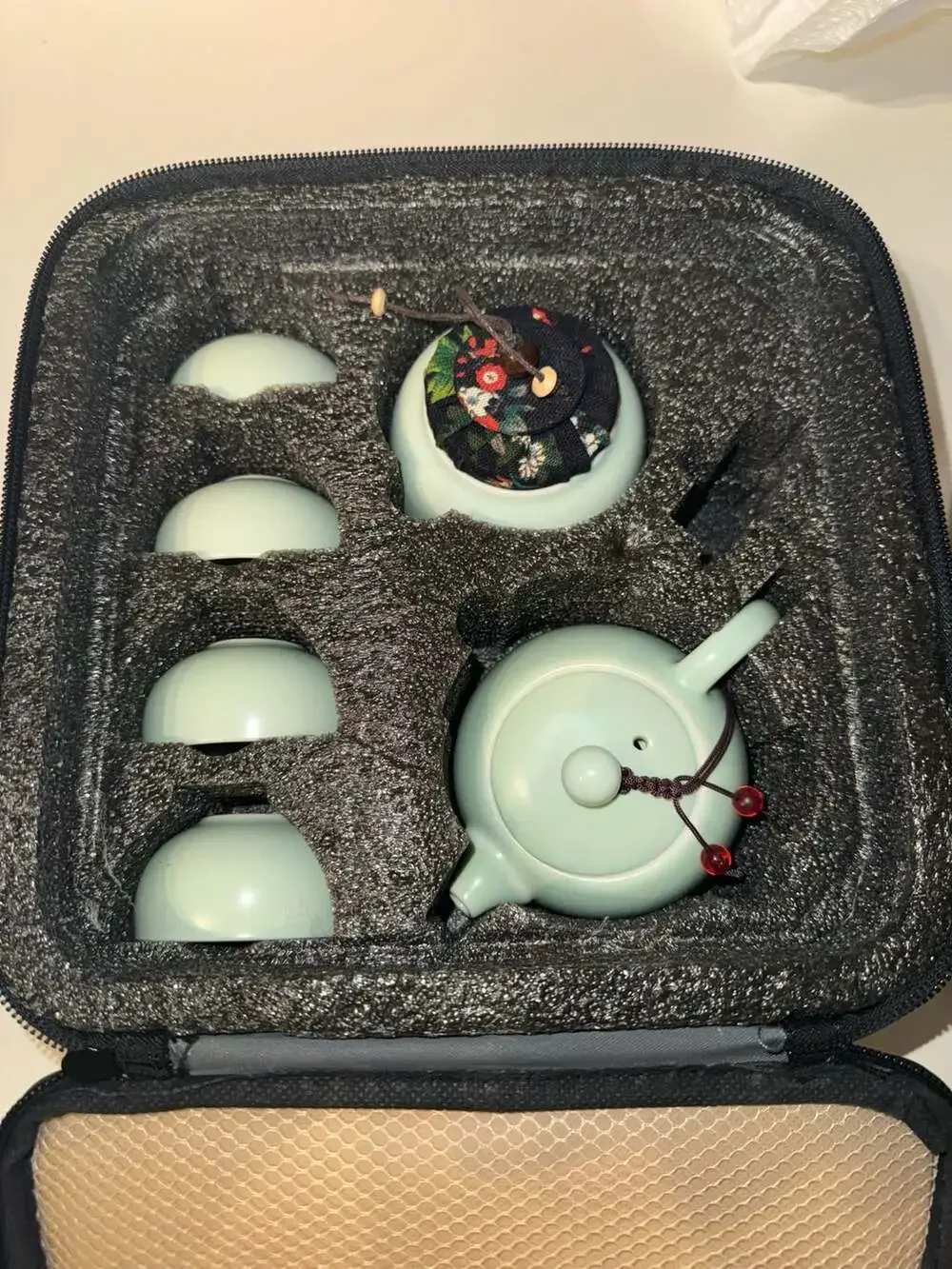 Portable Celadon Ceramic Travel Tea Set with Teapot, 4 Cups, and Bamboo Tray